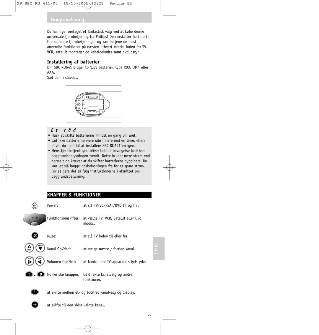 Philips SBC RU641/00 manual Brugsanvisning, Installering af batterier, Knapper & Funktioner 