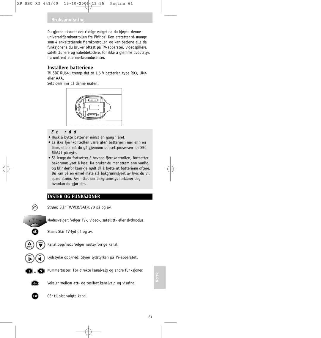 Philips SBC RU641/00 manual Installere batteriene, Taster OG Funksjoner 