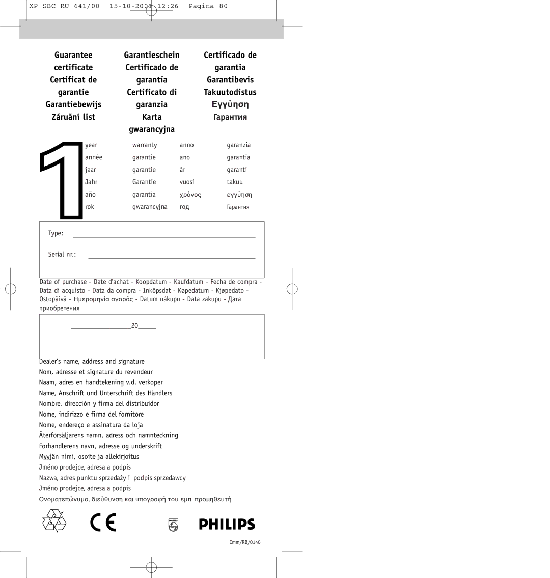 Philips SBC RU641/00 manual Guarantee Garantieschein, Garantia, Garantiebewijs Garanzia, Karta Гаpантия Gwarancyjna 