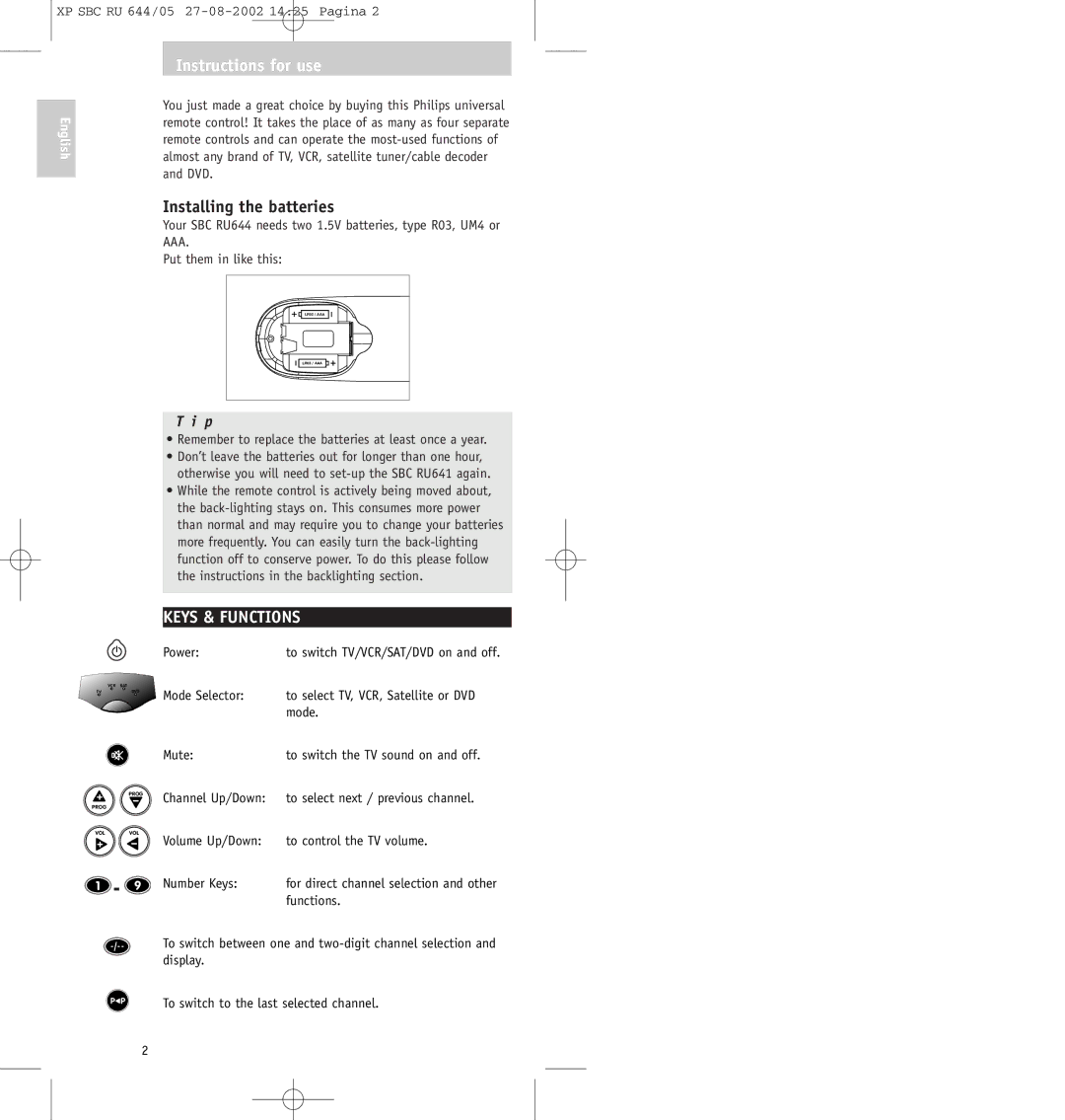 Philips SBC RU644/05 manual Installing the batteries, Keys & Functions 