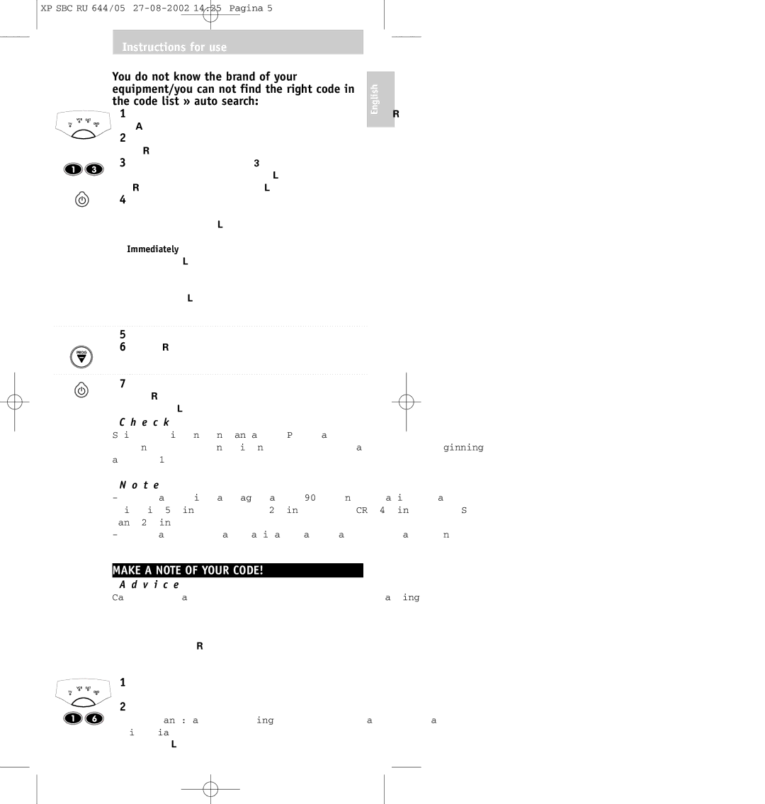 Philips SBC RU644/05 manual You do not know the brand of your, Code list » auto search, Make a Note of Your Code 