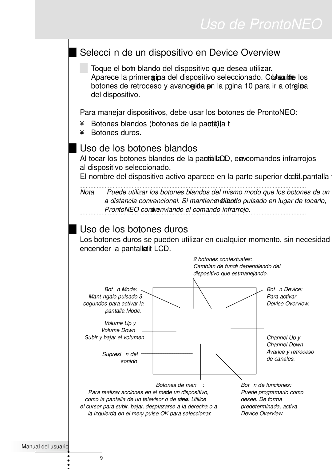 Philips SBC RU930 Selección de un dispositivo en Device Overview, Uso de los botones blandos, Uso de los botones duros 