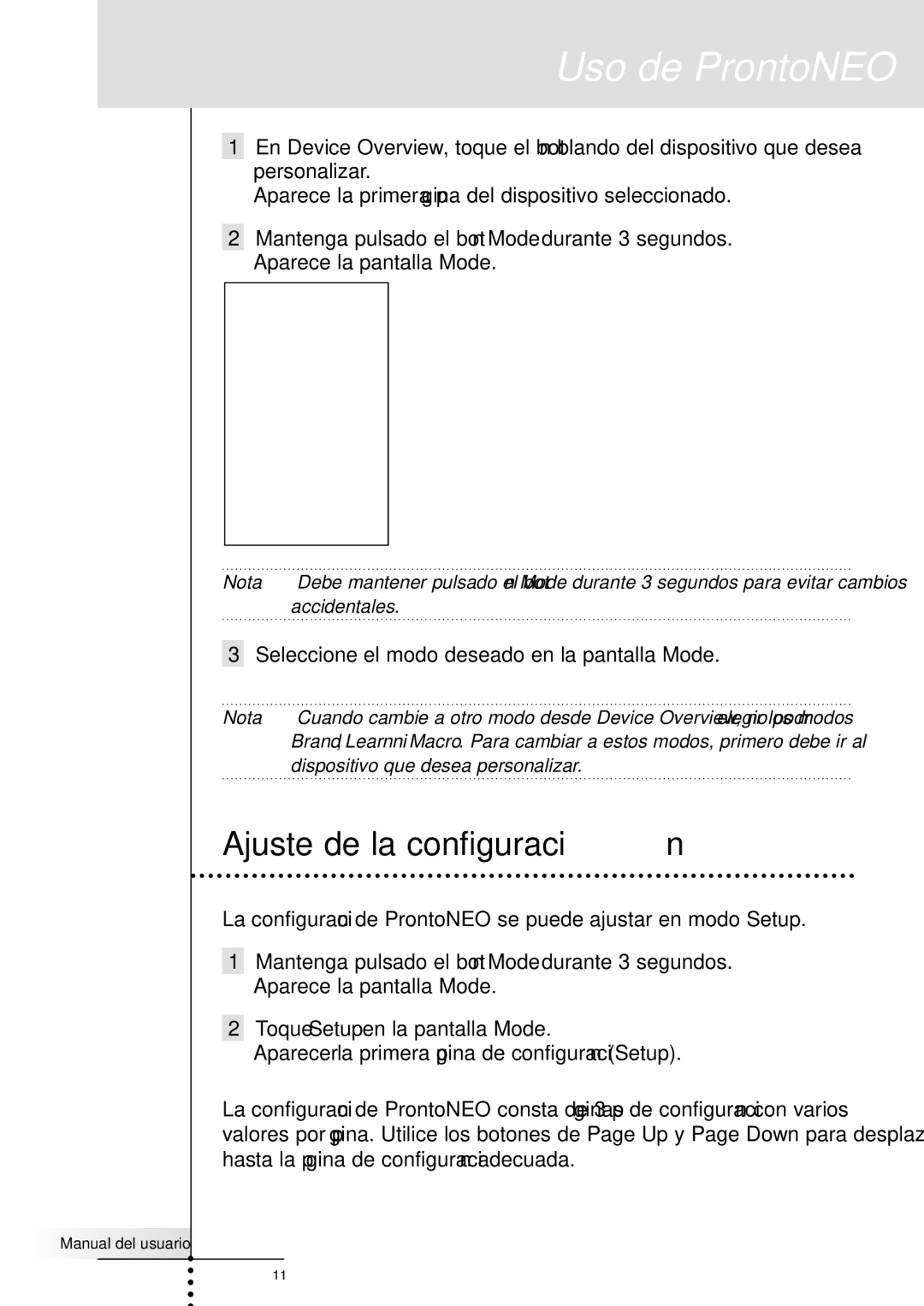 Philips SBC RU930 manual Ajuste de la configuración, Seleccione el modo deseado en la pantalla Mode 