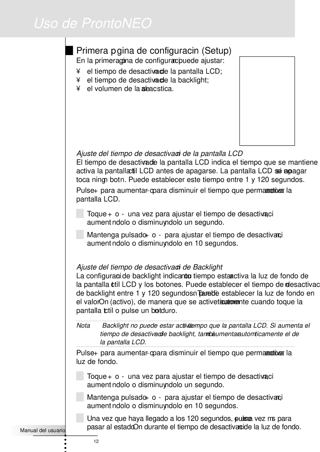 Philips SBC RU930 manual Primera página de configuración Setup, Ajuste del tiempo de desactivación de la pantalla LCD 