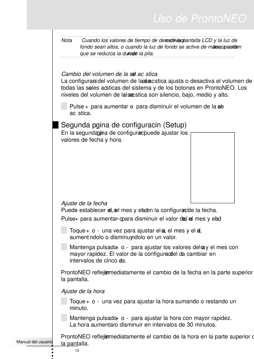 Philips SBC RU930 manual Segunda página de configuración Setup, Cambio del volumen de la señal acústica, Ajuste de la fecha 