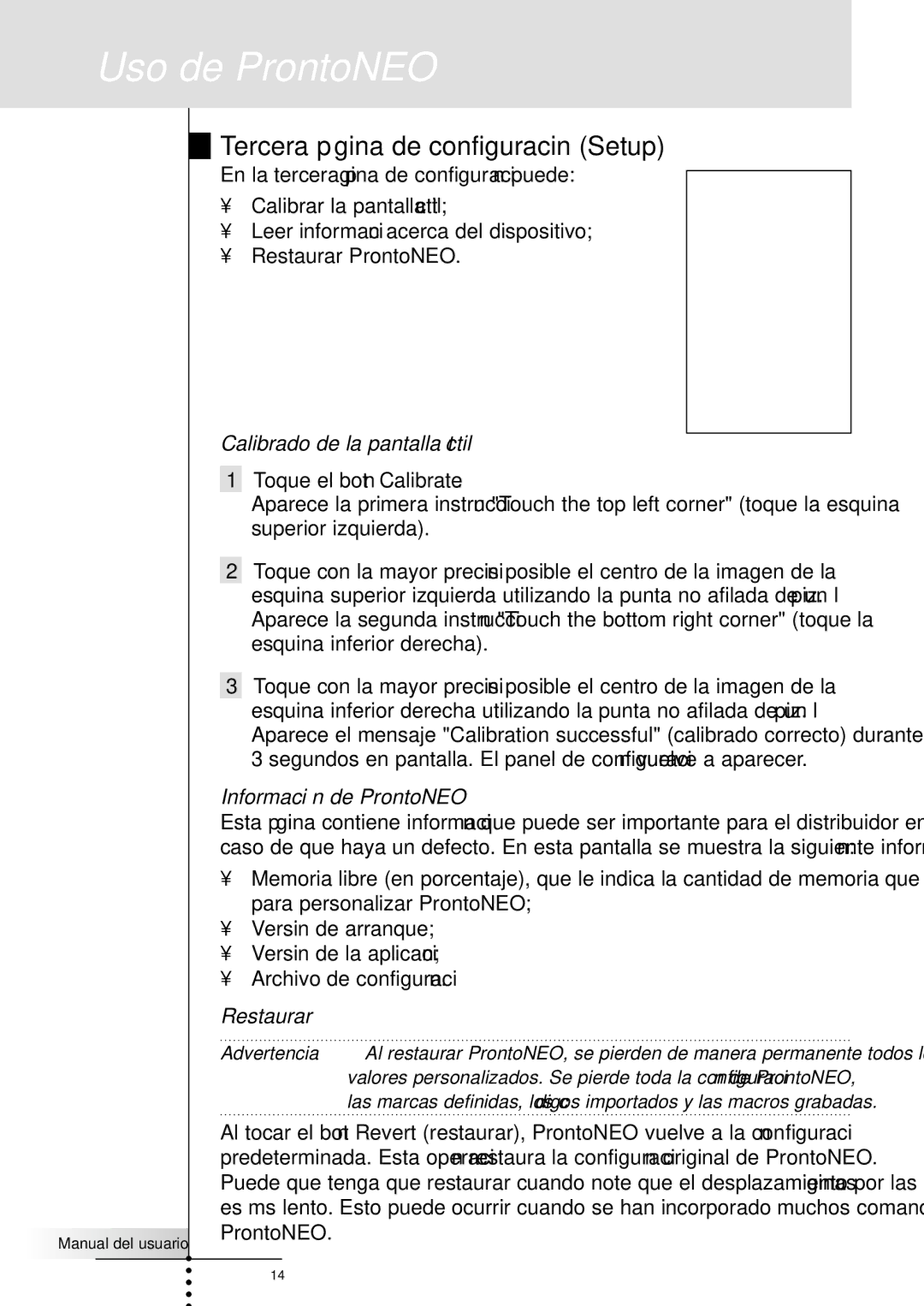 Philips SBC RU930 manual Tercera página de configuración Setup, Calibrado de la pantalla táctil, Información de ProntoNEO 