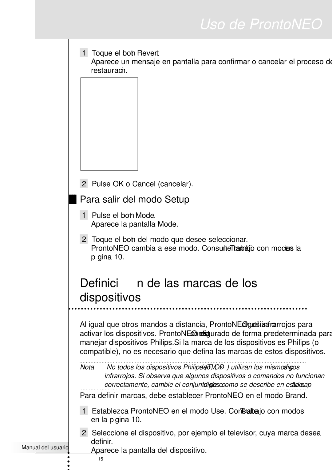 Philips SBC RU930 manual Definición de las marcas de los dispositivos, Para salir del modo Setup 