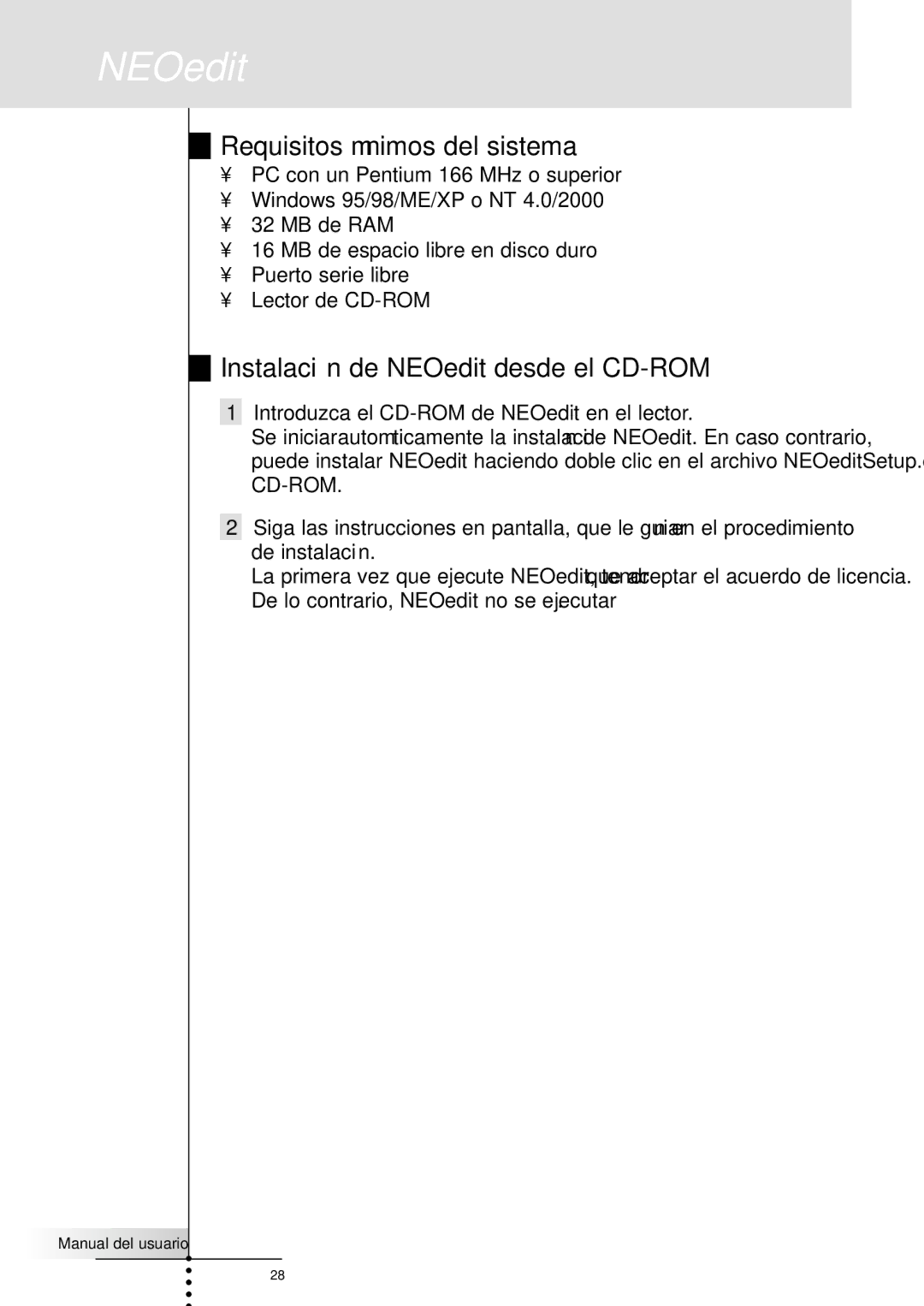 Philips SBC RU930 manual Requisitos mínimos del sistema, Instalación de NEOedit desde el CD-ROM 