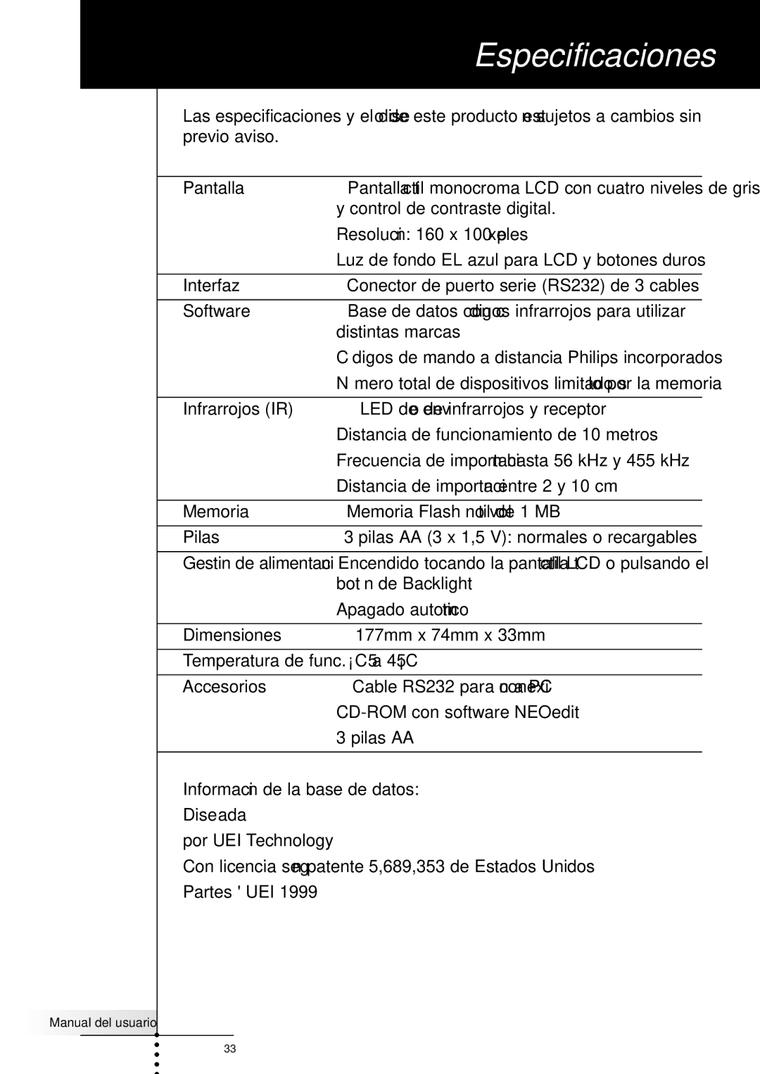 Philips SBC RU930 manual Especificaciones, Distintas marcas 