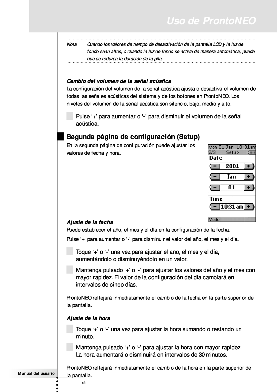 Philips SBC RU930 manual Uso de ProntoNEO, Segunda página de configuración Setup, Cambio del volumen de la señal acústica 