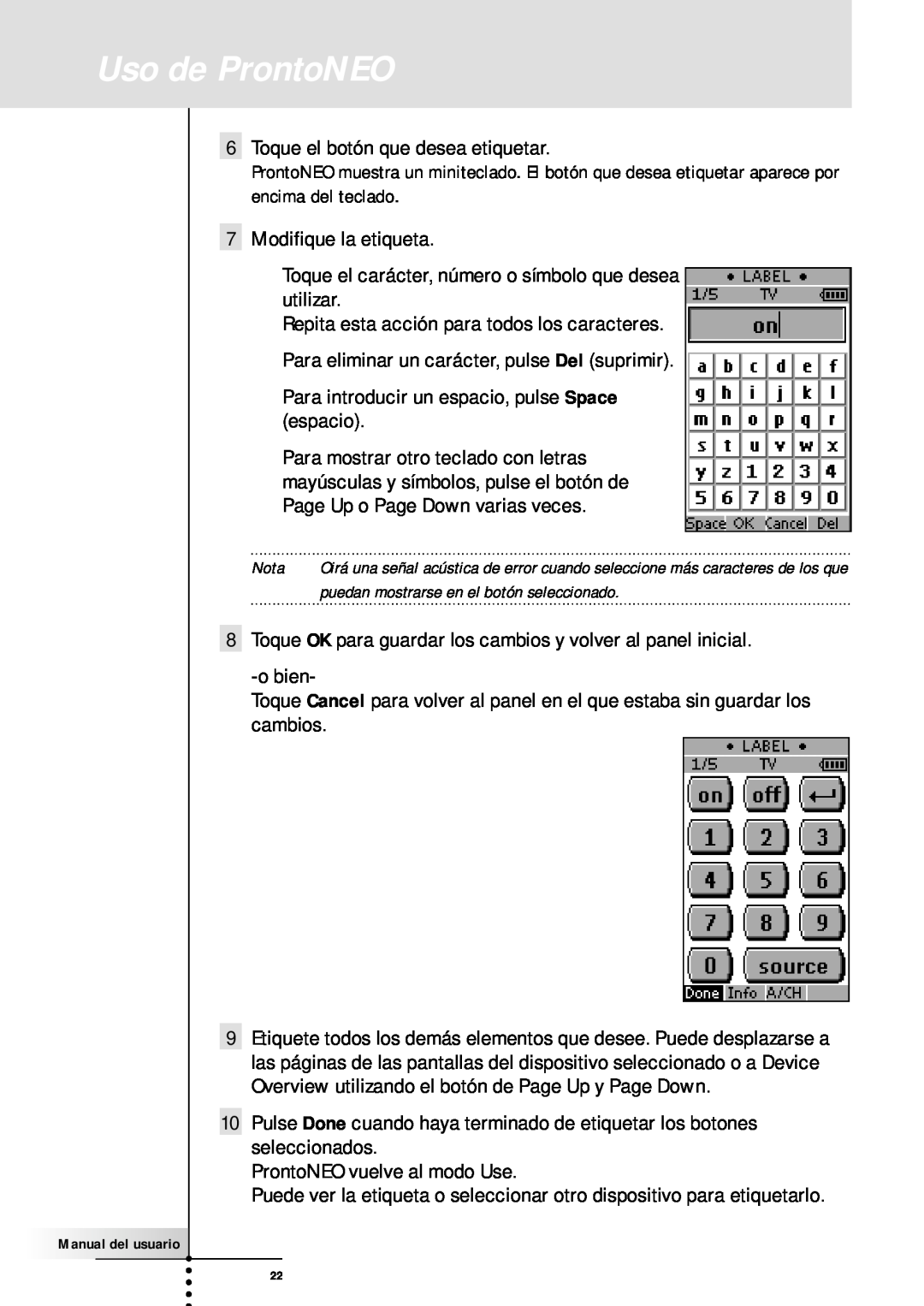 Philips SBC RU930 manual Uso de ProntoNEO, Toque el botón que desea etiquetar 