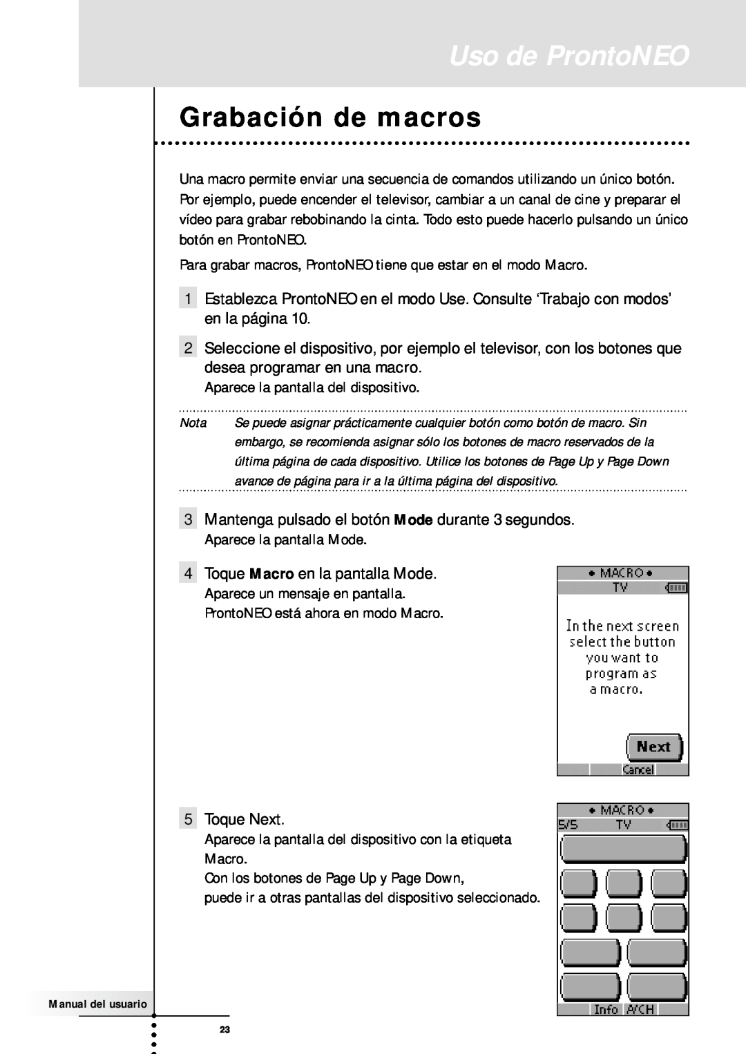 Philips SBC RU930 manual Grabación de macros, Uso de ProntoNEO 