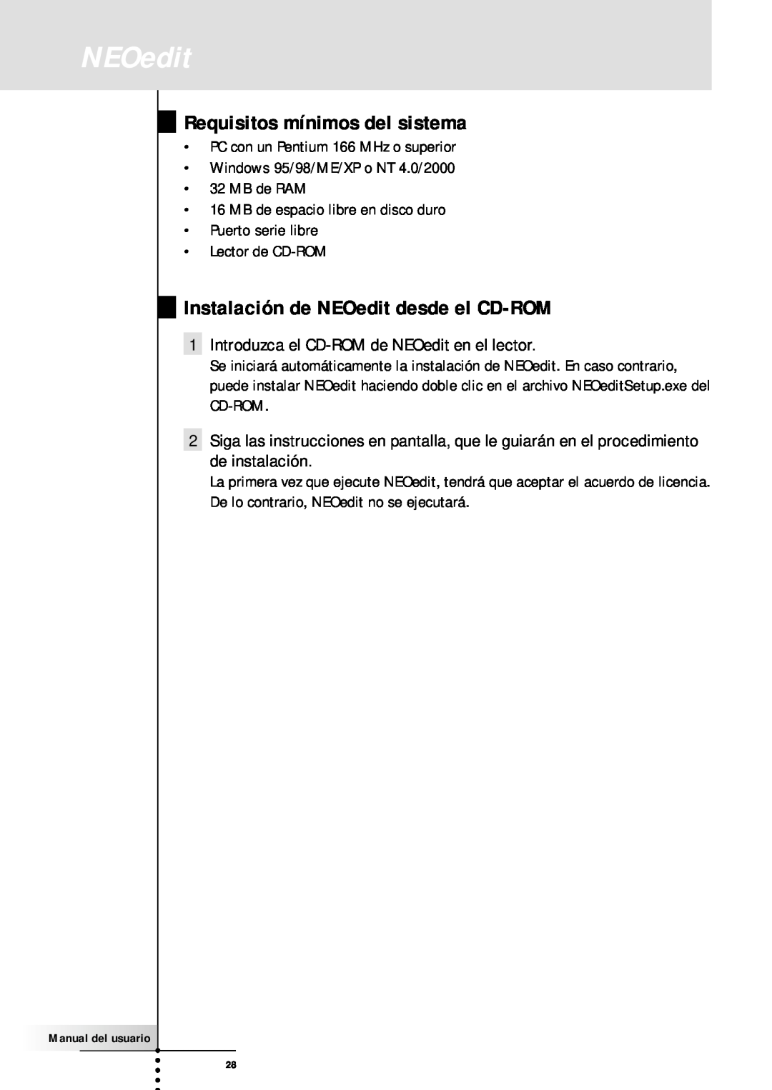 Philips SBC RU930 manual Requisitos mínimos del sistema, Instalación de NEOedit desde el CD-ROM 