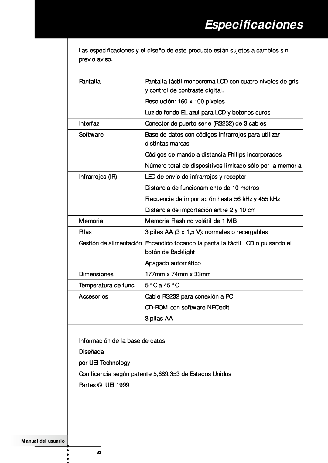 Philips SBC RU930 manual Especificaciones 