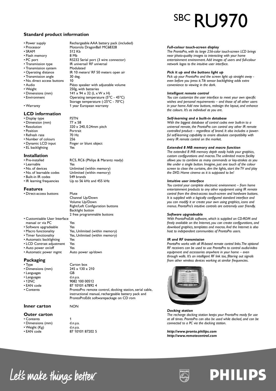 Philips SBC RU970 manual Standard product information, LCD information, Installation, Features, Packaging, Inner carton 