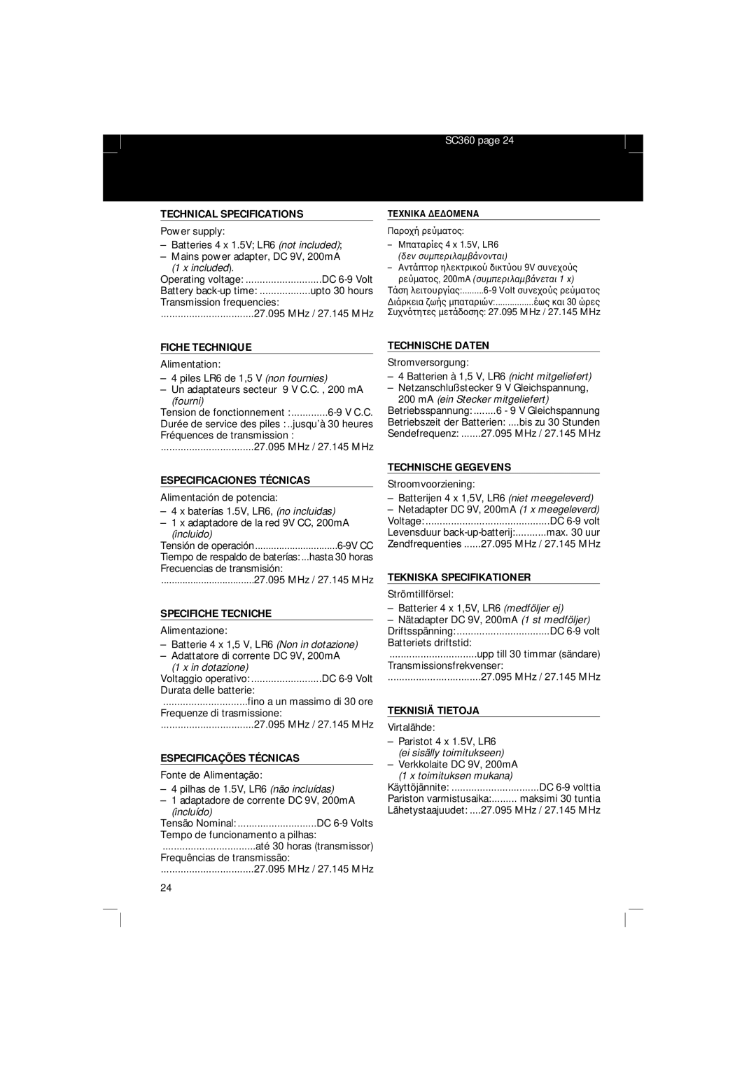 Philips SBC SC 360 manual Technical Specifications, Especificaciones Técnicas, Specifiche Tecniche, Technische Daten 