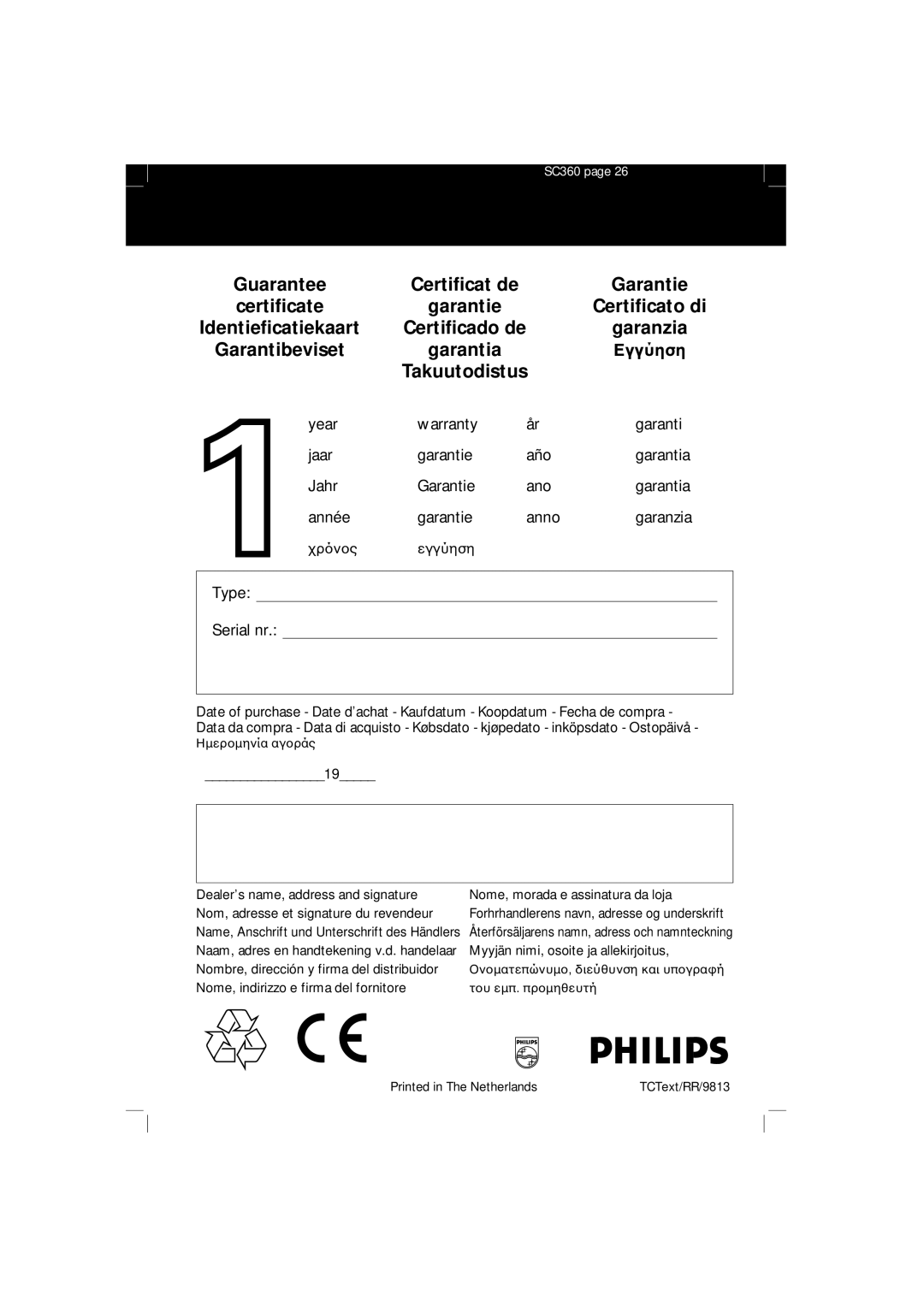 Philips SBC SC 360 manual Garantibeviset Garantia 