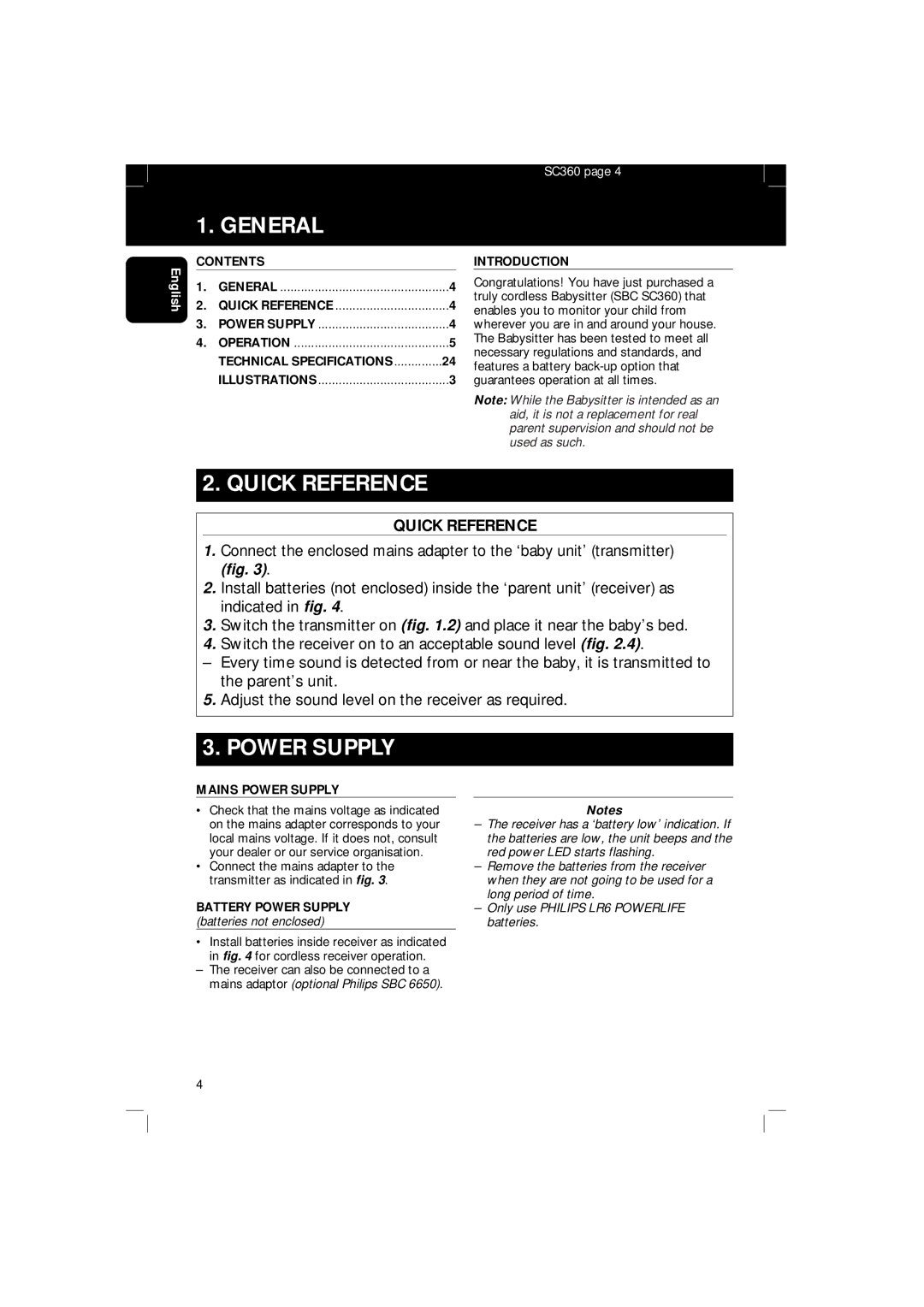 Philips SBC SC 360 manual General, Quick Reference, Power Supply 