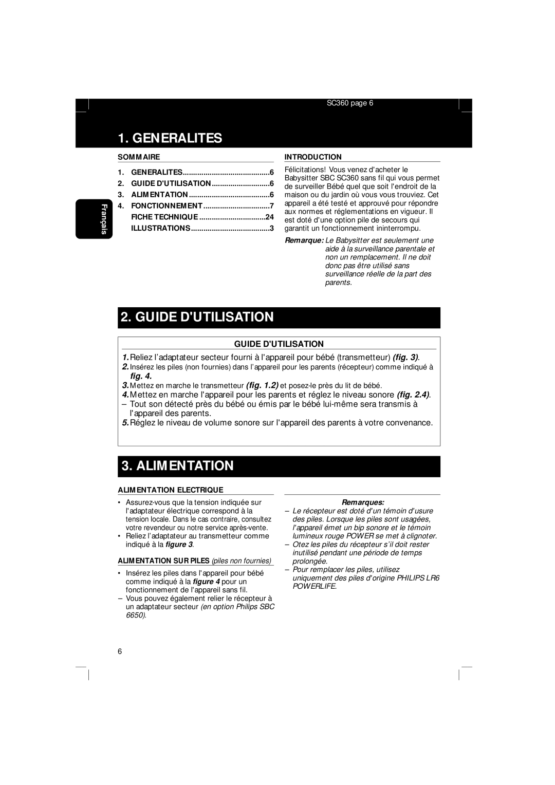 Philips SBC SC 360 manual Generalites, Guide Dutilisation, Alimentation, Remarques 