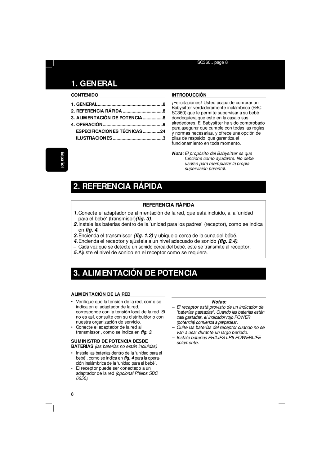 Philips SBC SC 360 manual Referencia Rápida, Alimentación DE Potencia, Notas 