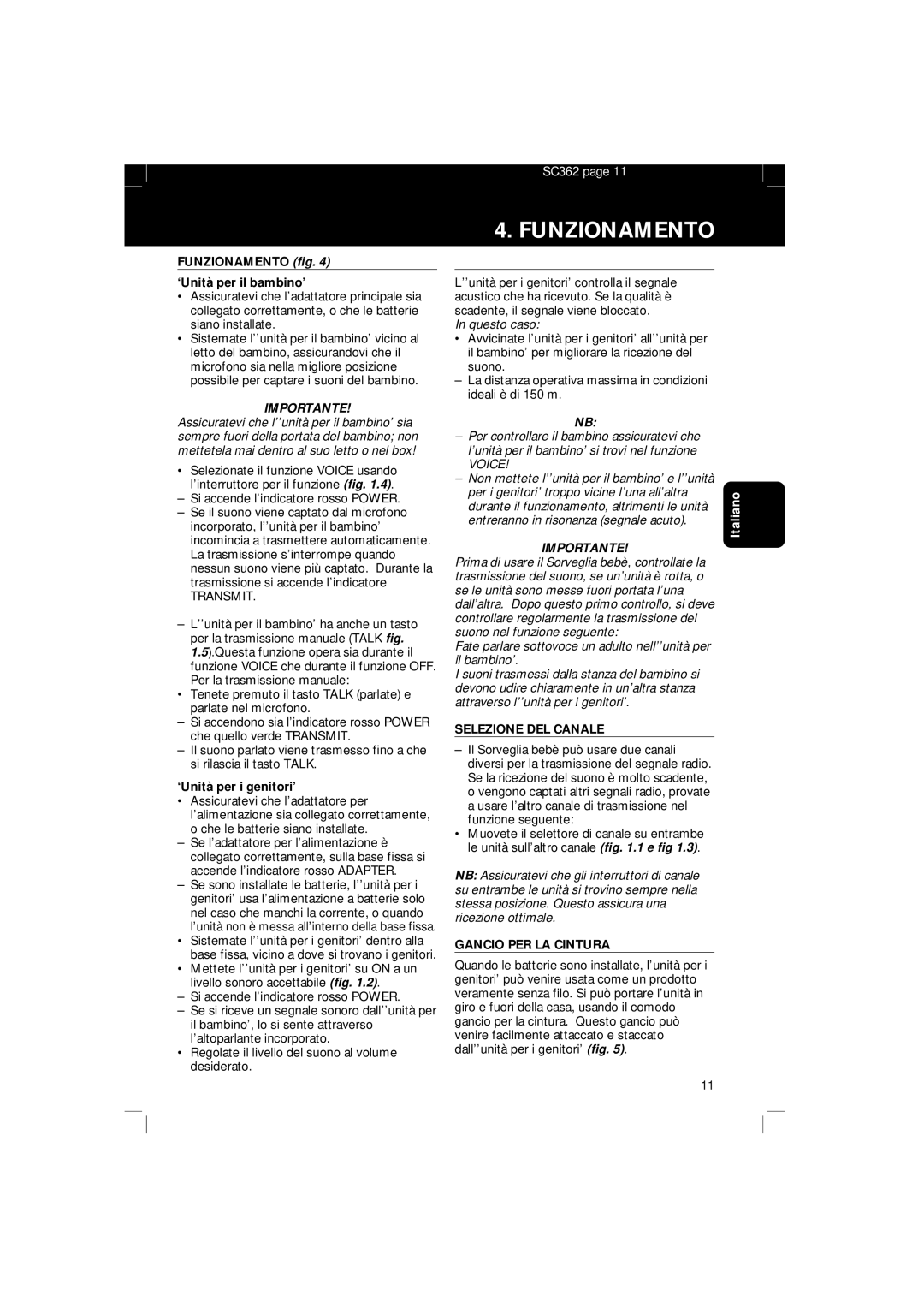 Philips SBC SC 362 manual Funzionamento, Importante, Selezione DEL Canale, Gancio PER LA Cintura 