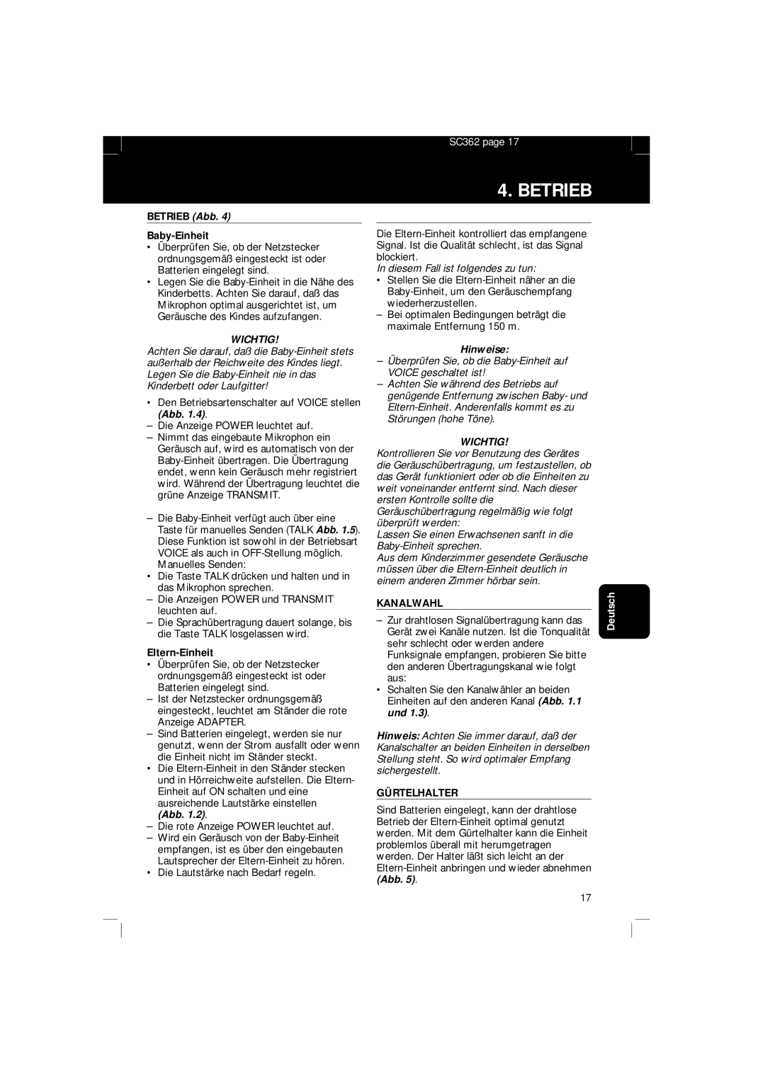 Philips SBC SC 362 manual Betrieb, Wichtig, Abb, Kanalwahl, Gürtelhalter 