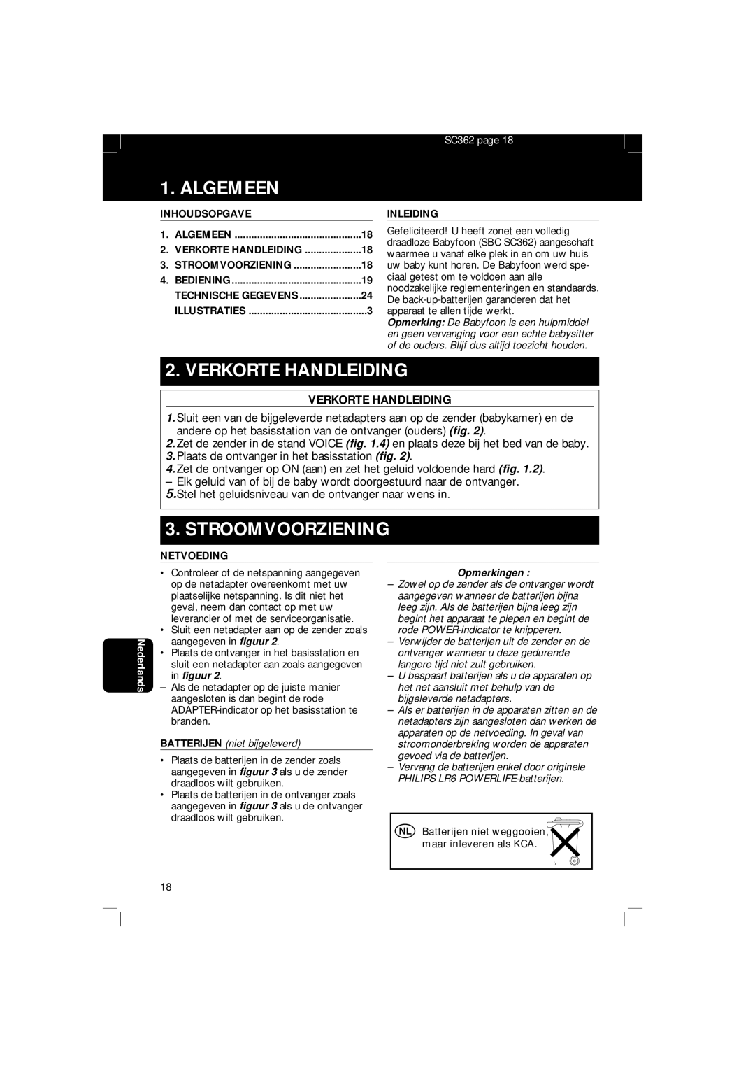 Philips SBC SC 362 manual Algemeen, Verkorte Handleiding, Stroomvoorziening, Opmerkingen 