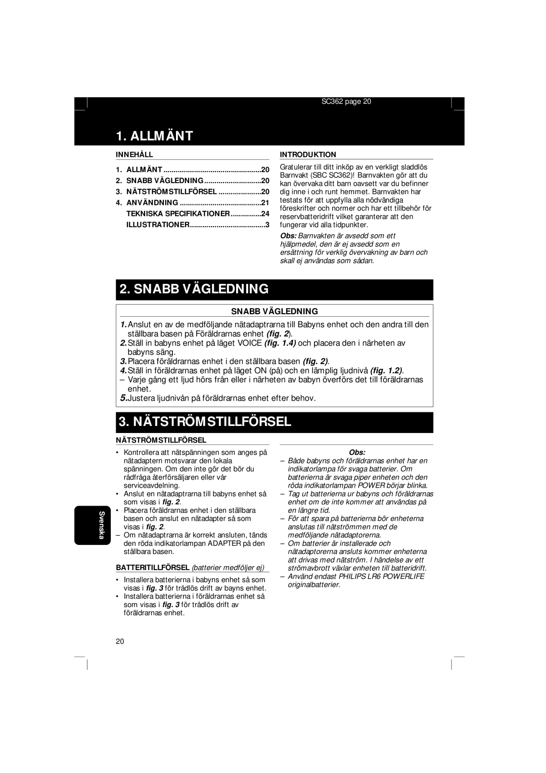 Philips SBC SC 362 manual Allmänt, Snabb Vägledning, Nätströmstillförsel, Obs 