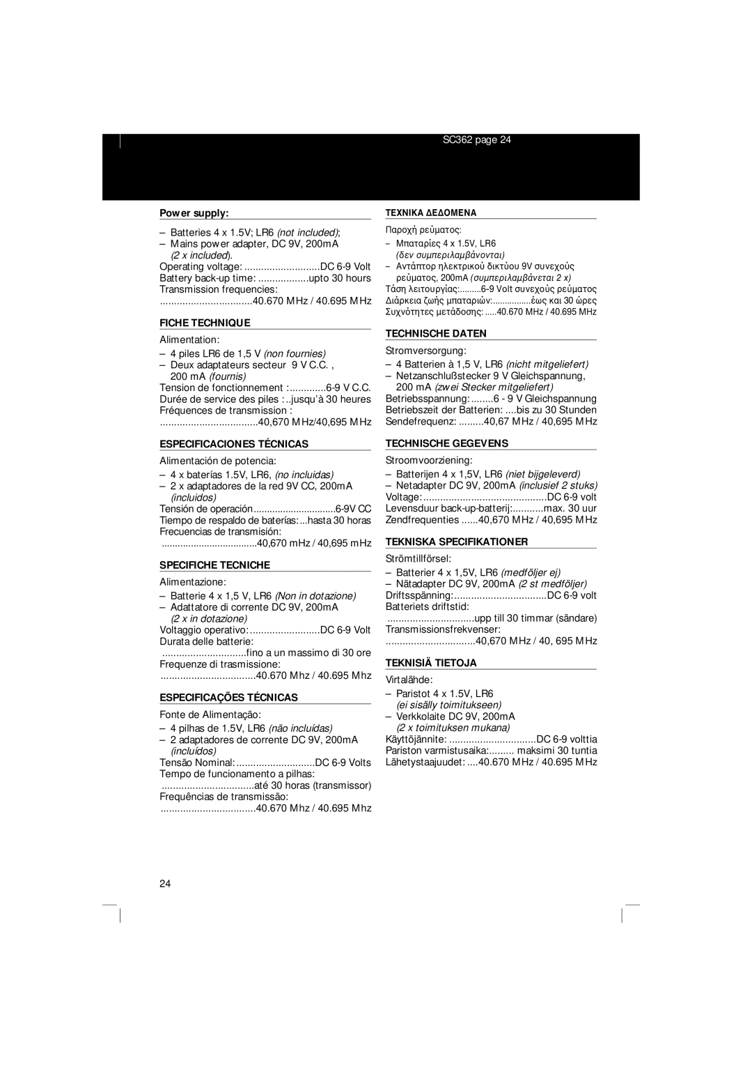 Philips SBC SC 362 manual Technical Specifications, Especificaciones Técnicas, Especificações Técnicas, Technische Daten 