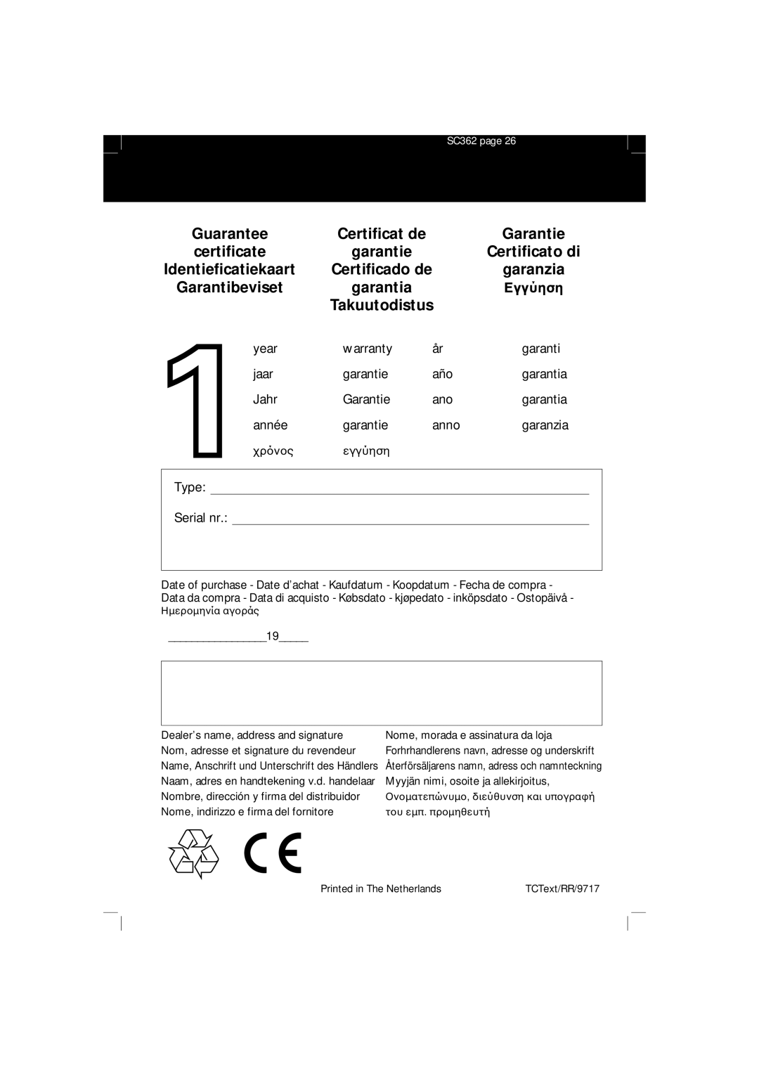 Philips SBC SC 362 manual Garantibeviset Garantia 