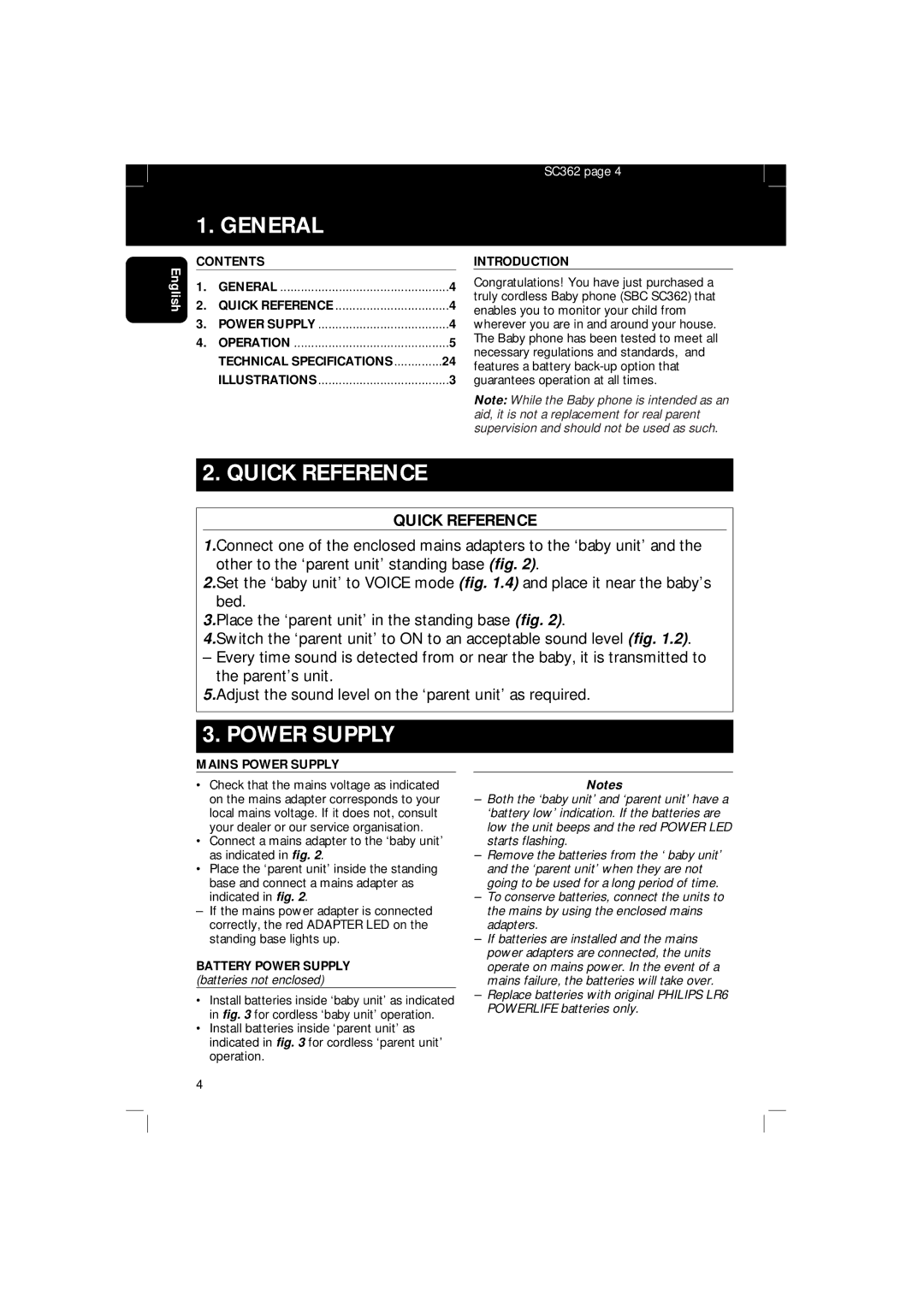 Philips SBC SC 362 manual General, Quick Reference, Power Supply 