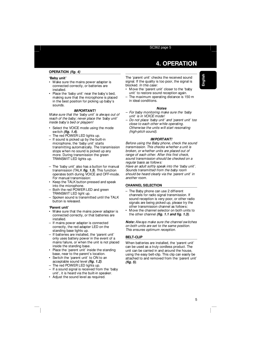 Philips SBC SC 362 manual Operation fig ‘Baby unit’, ‘Parent unit’, Channel Selection, Belt-Clip 