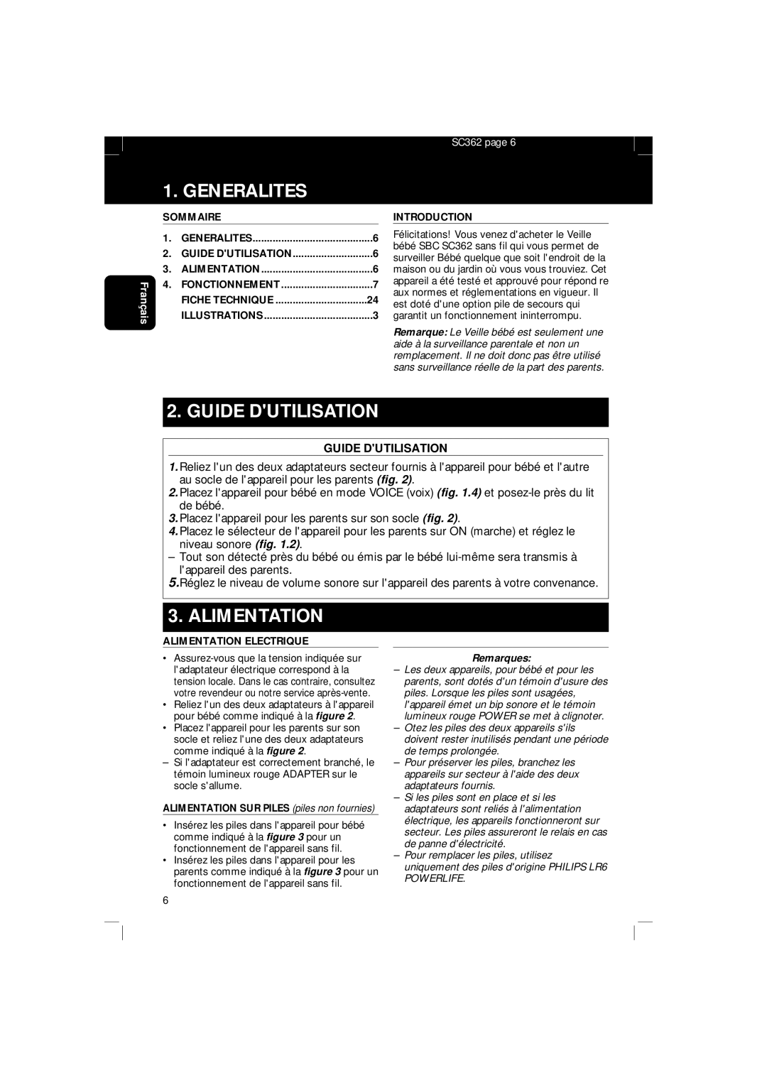 Philips SBC SC 362 manual Generalites, Guide Dutilisation, Alimentation, Remarques 