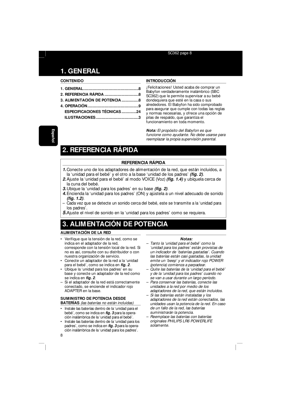 Philips SBC SC 362 manual Referencia Rápida, Alimentación DE Potencia, Notas 