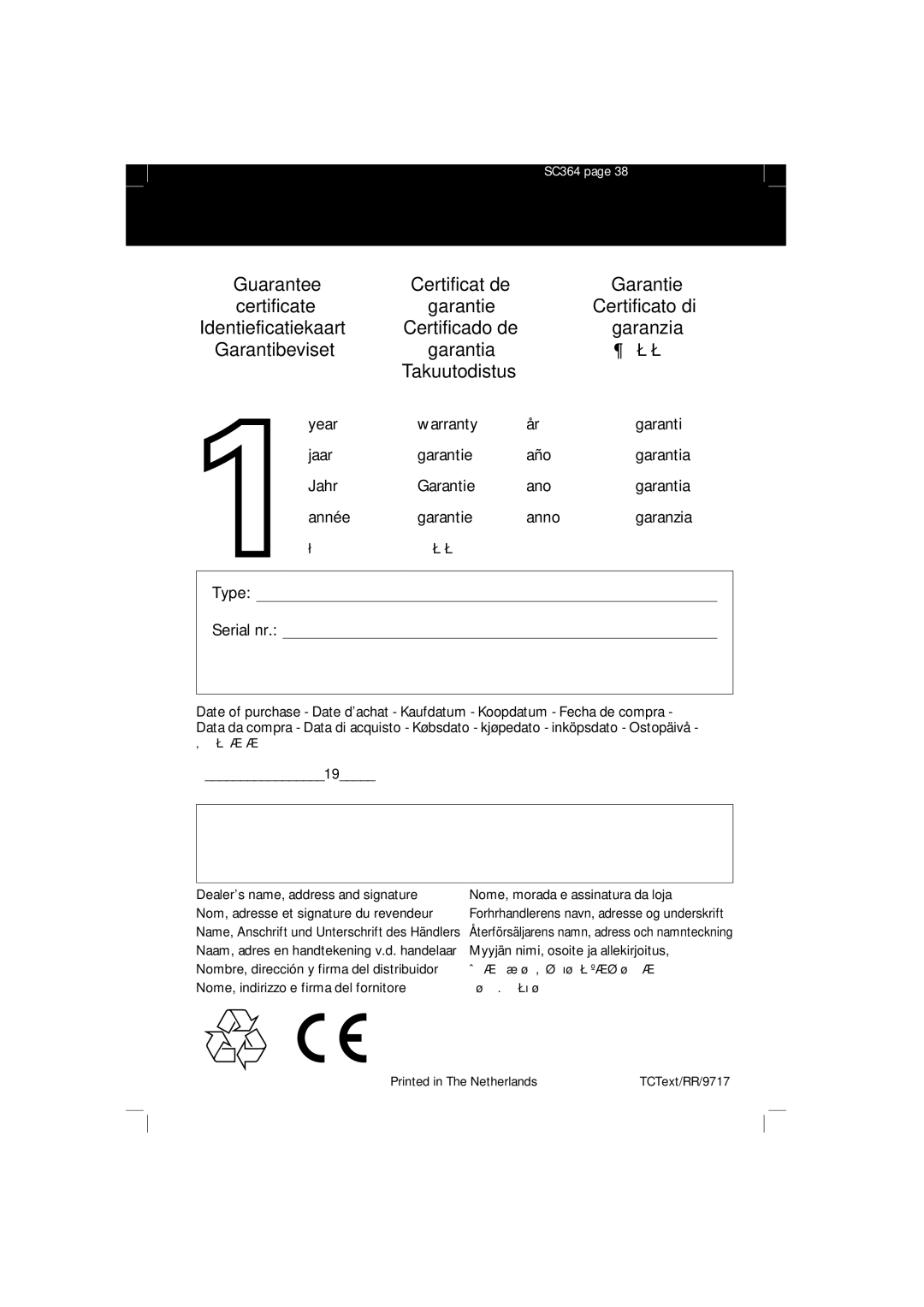 Philips SBC SC 364 manual Garantibeviset Garantia 