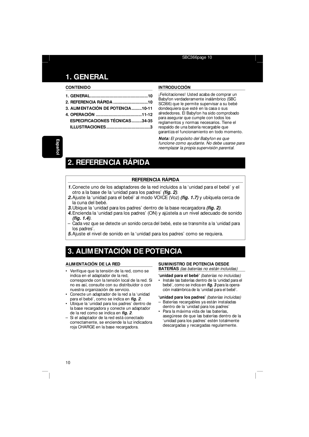 Philips SBC SC 366 manual Referencia Rápida, Alimentación DE Potencia 