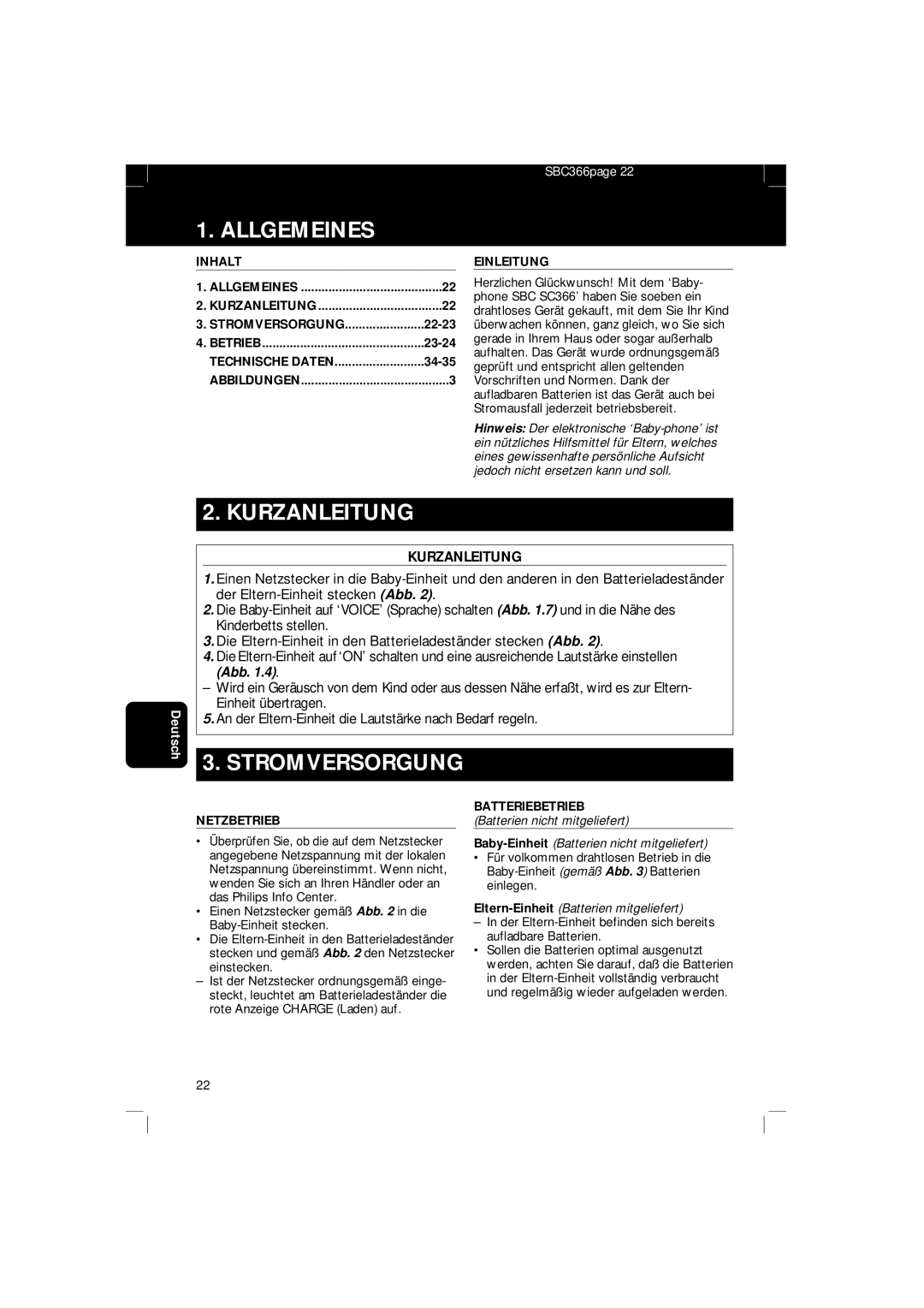 Philips SBC SC 366 manual Allgemeines, Kurzanleitung, Stromversorgung 