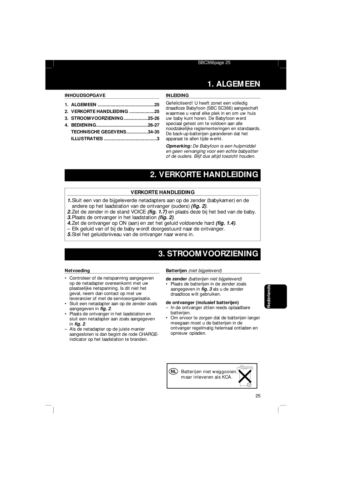 Philips SBC SC 366 manual Algemeen, Verkorte Handleiding, Stroomvoorziening 