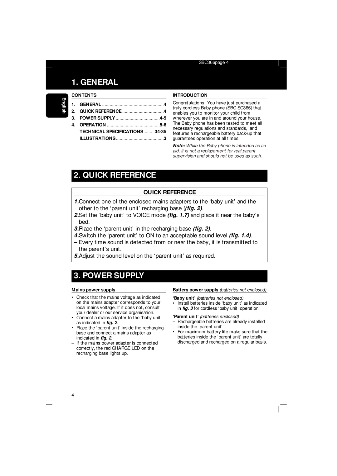 Philips SBC SC 366 manual General, Quick Reference, Power Supply, Contents, Introduction 