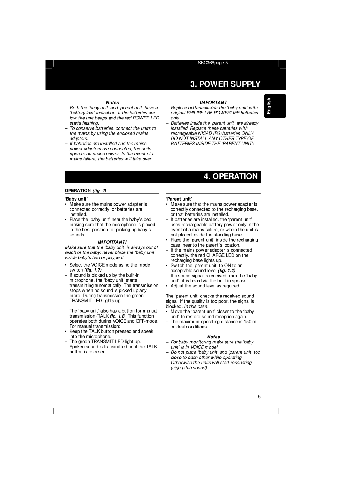 Philips SBC SC 366 manual Operation fig ‘Baby unit’, ‘Parent unit’ 