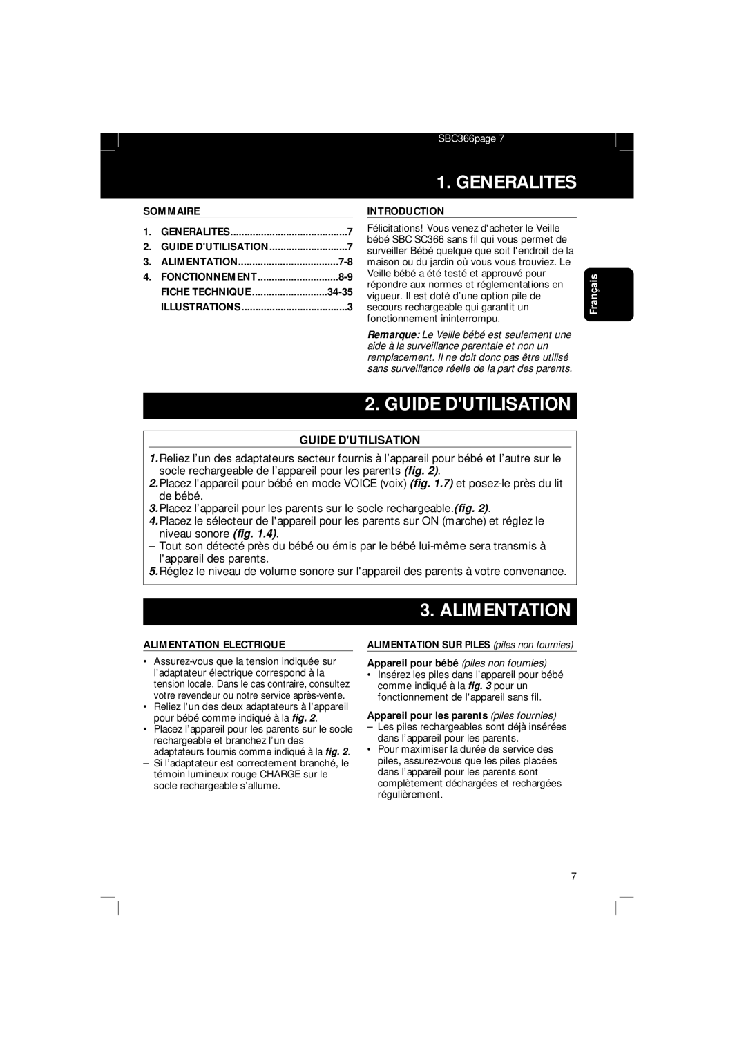 Philips SBC SC 366 manual Generalites, Guide Dutilisation, Alimentation 