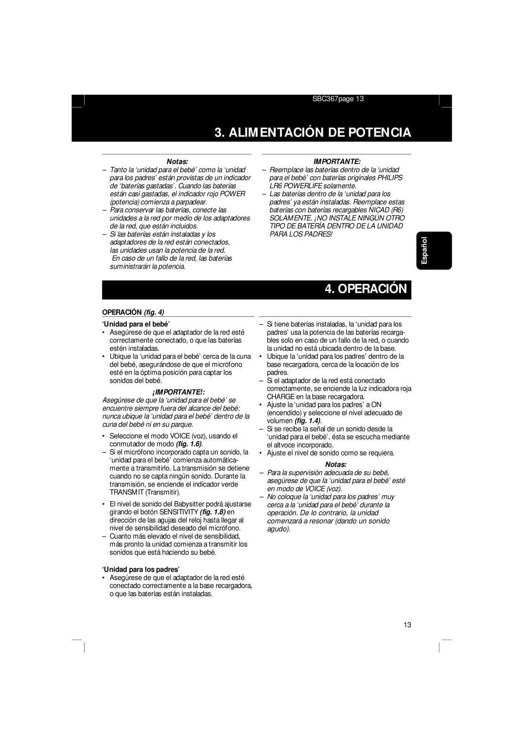 Philips SBC SC 367 manual Operación, Notas, ¡Importante 