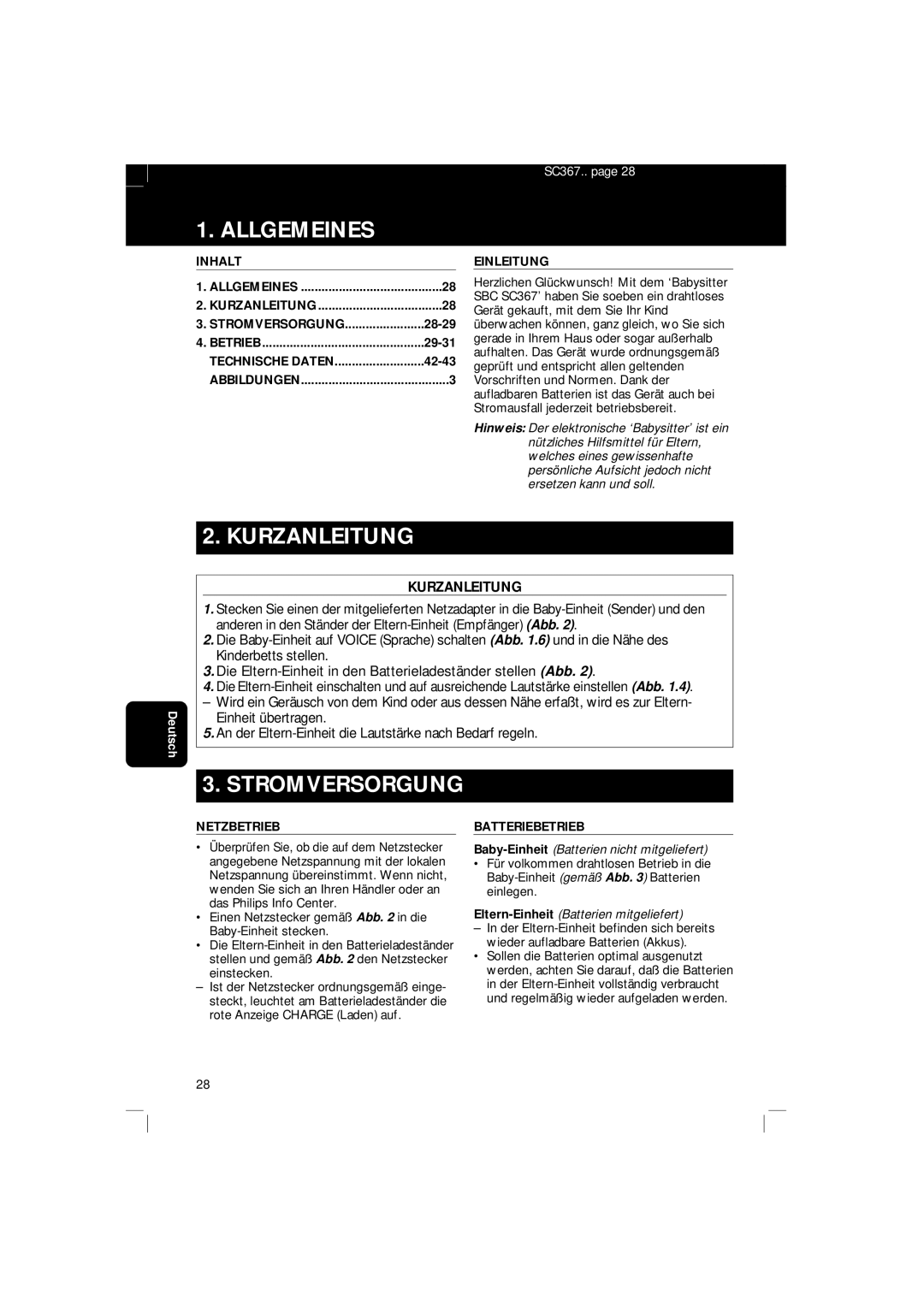 Philips SBC SC 367 manual Allgemeines, Kurzanleitung, Stromversorgung 