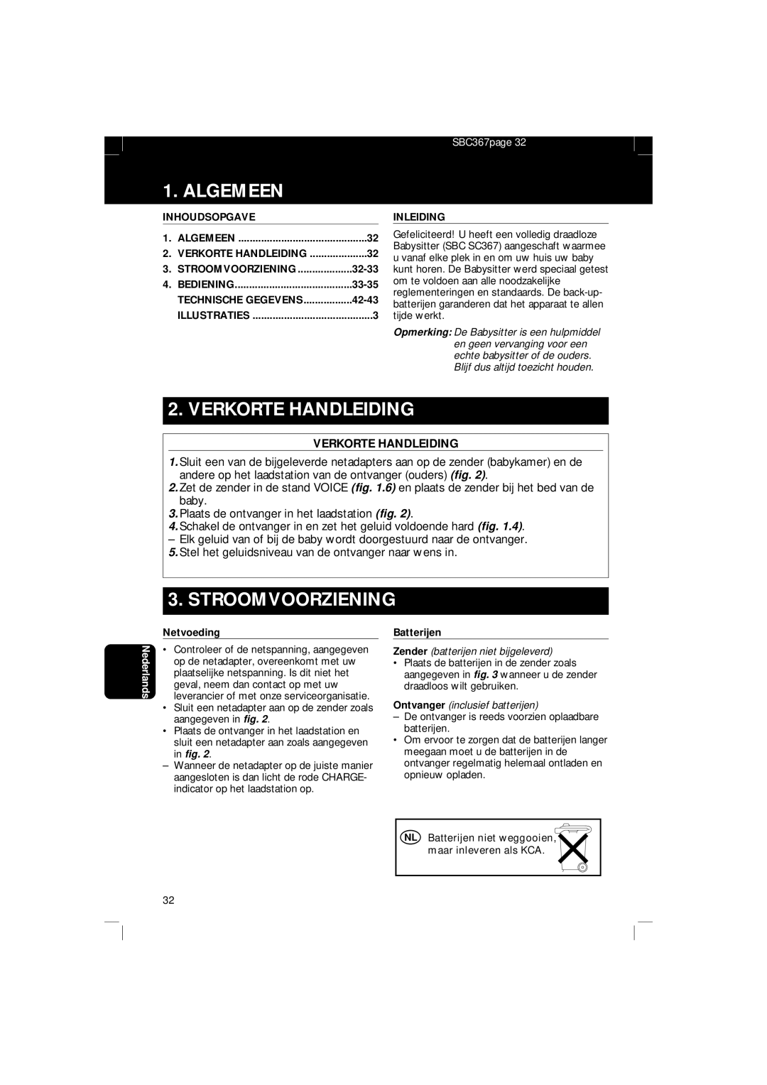 Philips SBC SC 367 manual Algemeen, Verkorte Handleiding, Stroomvoorziening 