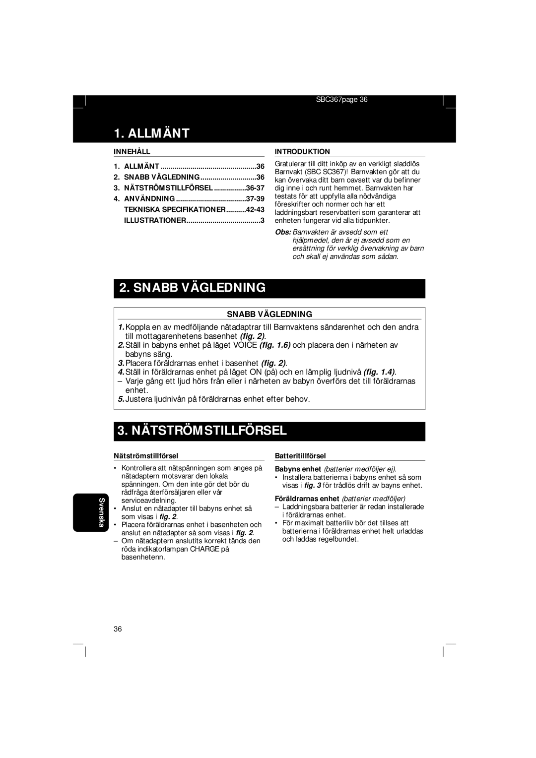 Philips SBC SC 367 manual Allmänt, Snabb Vägledning, Nätströmstillförsel 