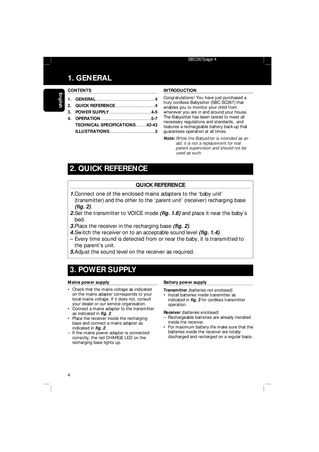 Philips SBC SC 367 manual General, Quick Reference, Power Supply, Contents, Introduction 