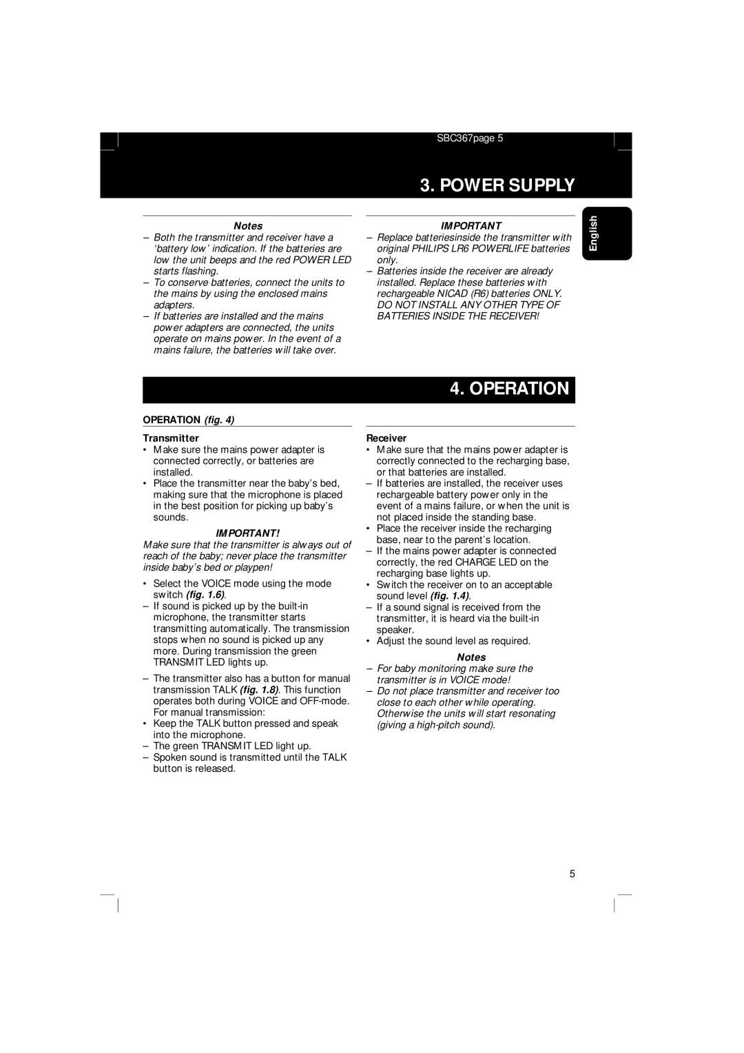 Philips SBC SC 367 manual Operation fig Transmitter, Receiver 