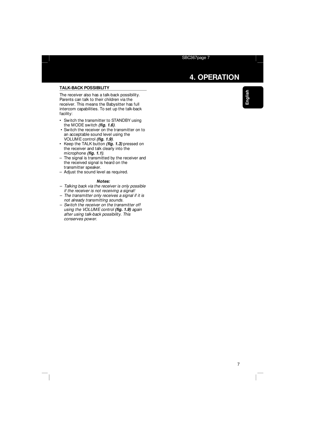 Philips SBC SC 367 manual TALK-BACK Possibility 