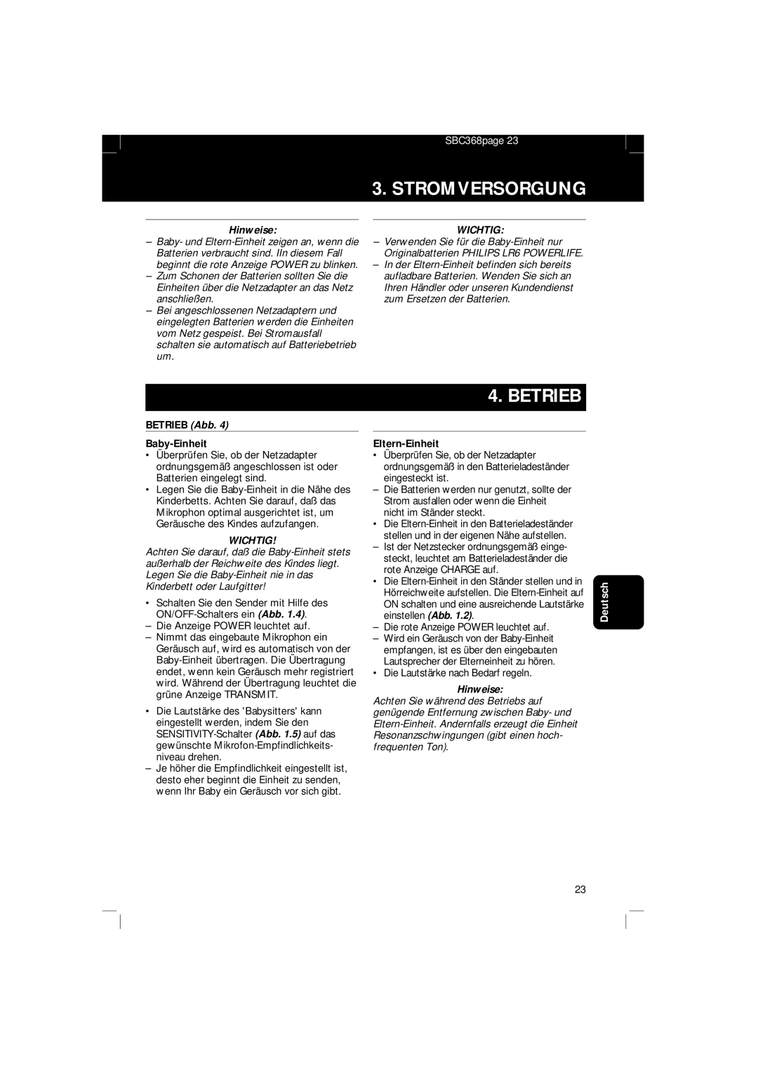 Philips SBC SC 368 manual Hinweise, Betrieb Abb Baby-Einheit, Eltern-Einheit 