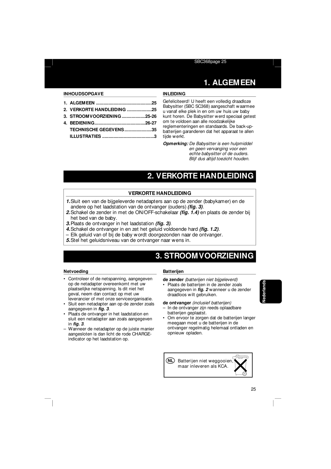 Philips SBC SC 368 manual Algemeen, Verkorte Handleiding, Stroomvoorziening 